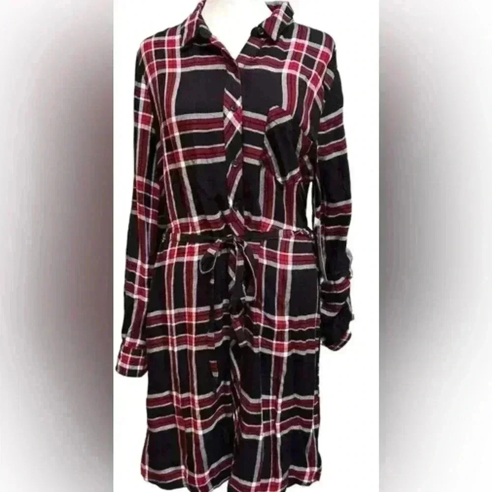 BLL NYC Women's Medium Red White Black Plaid SHIRT DRESS BELT Size Large